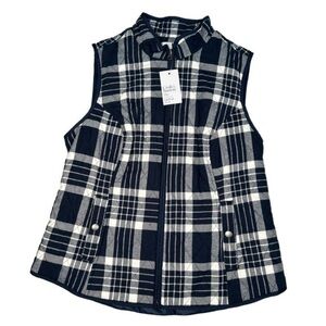NWT CROFT & BARROW BLUE & WHITE PLAID FULL ZIP LINED DRAWSTRING VEST, SIZE M